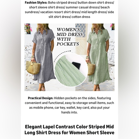 ebossy Boho Striped Button Up Side Slit Mid Long Cotton Shirt Dress with Pockets - Picture 15 of 16